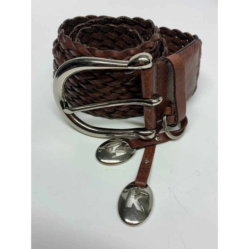MICHAEL M Kors Brown Braided Leather Belt M Boho Woven Silver MK Charm Wide